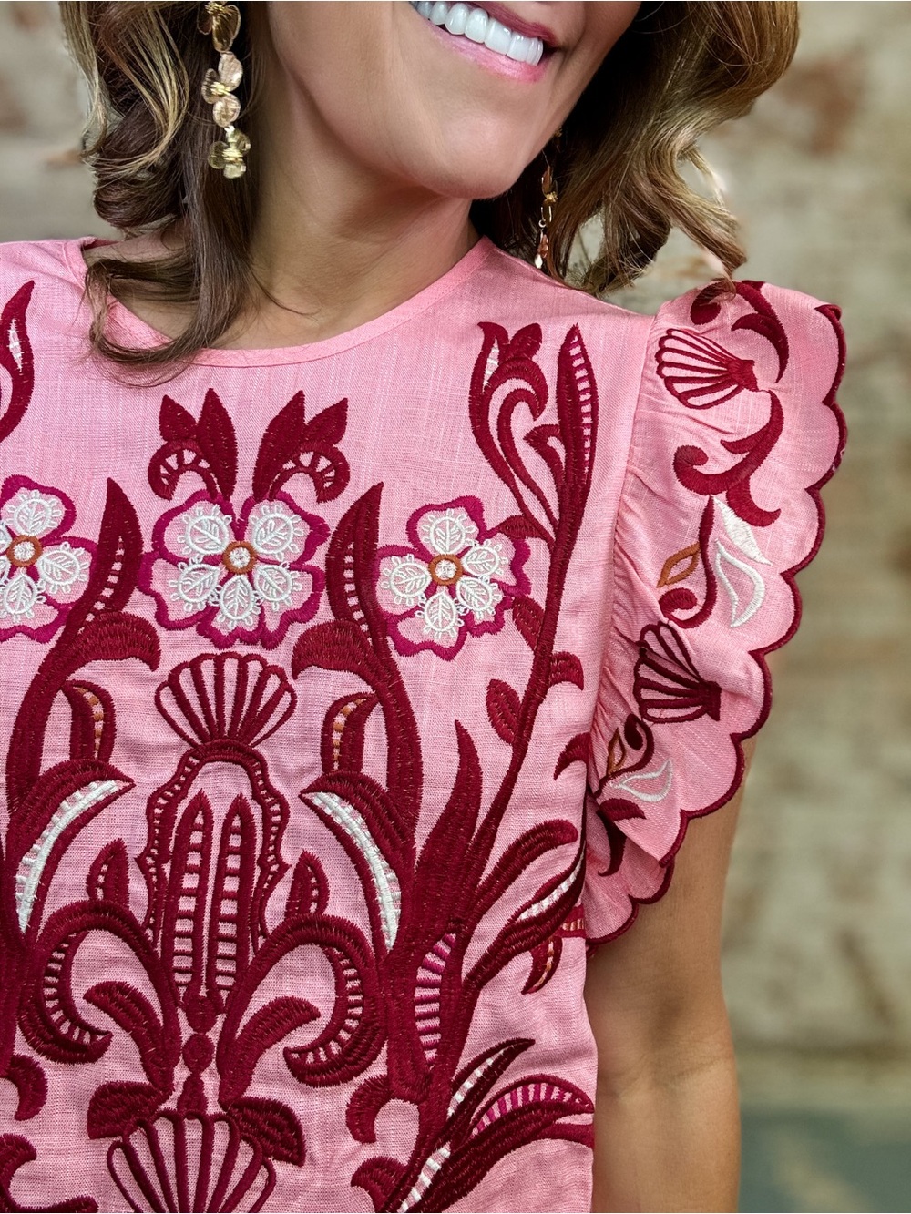 NWT, THML Coral Pink with Burgundy Embroidered Top with Scalloped Sleeves, L - Picture 3 of 3